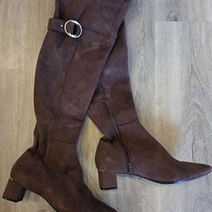 Calvin Klein Dark Brown Suede Knee-High Buckle Boots